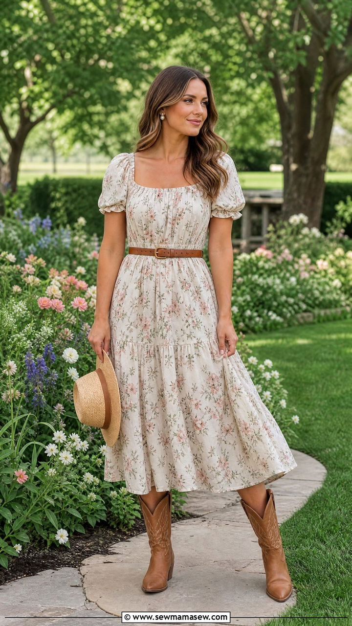 Floral Midi Dress and Cowboy Boots Look - 30 coastal cowgirl outfits ideas