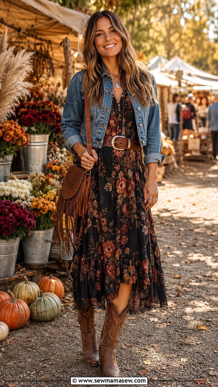 Floral Midi Dress and Cowboy Boots - 20 Boho outfit ideas Sienna Miller style