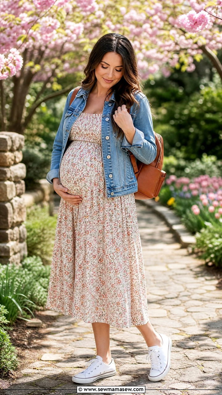 Floral Midi Dress and Denim Jacket - 25 casual outfits for pregnant women