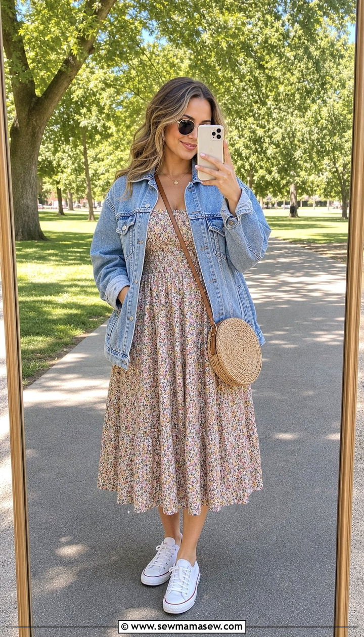 Floral Midi Dress and Denim Jacket Outfit - 25 Cute outfits for midsize women
