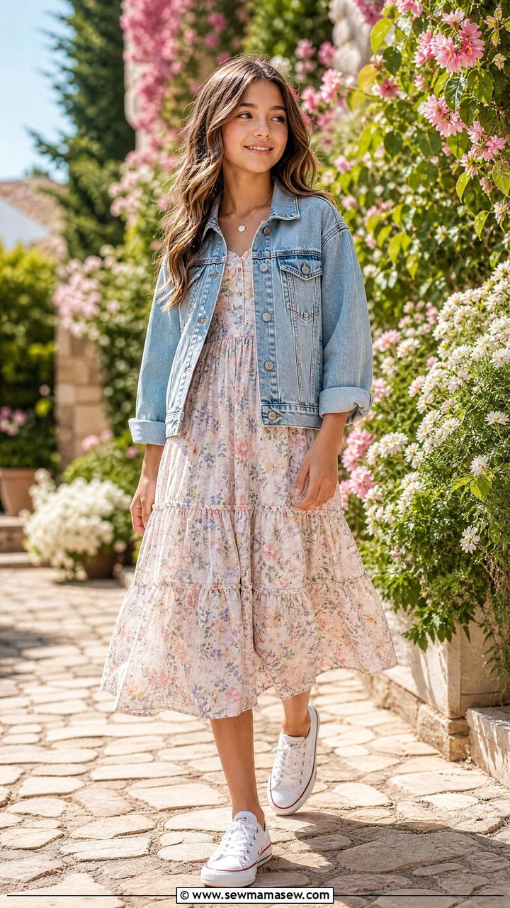 Floral Midi Dress and Denim Jacket Outfit - 30 Tween outfit ideas aesthetic