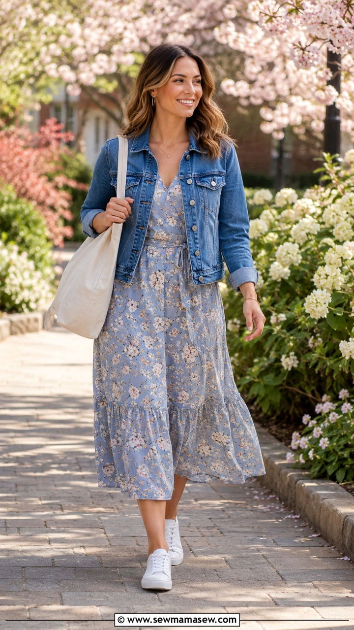 Floral Midi Dress and Denim Jacket Outfit - 30 Spring work capsule wardrobe