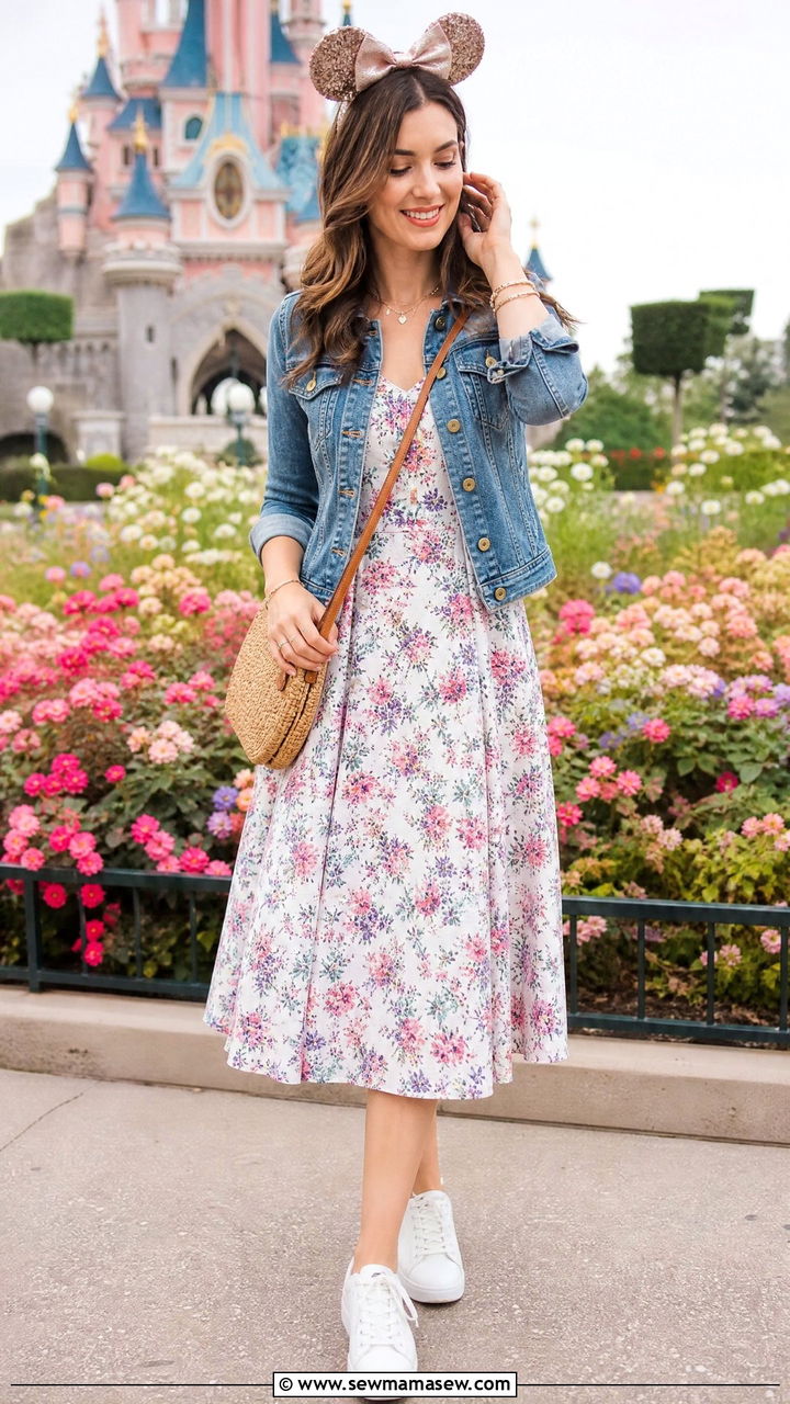 Floral Midi Dress and Denim Jacket Vintage Disneyland Outfit - 30 Disneyland Paris outfit ideas