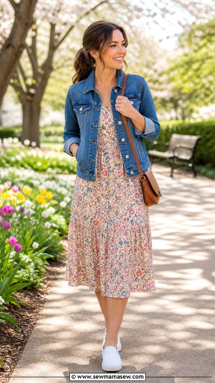 Floral Midi Dress and Denim Jacket with Slip On Shoes Outfit - 40 running errands outfit ideas