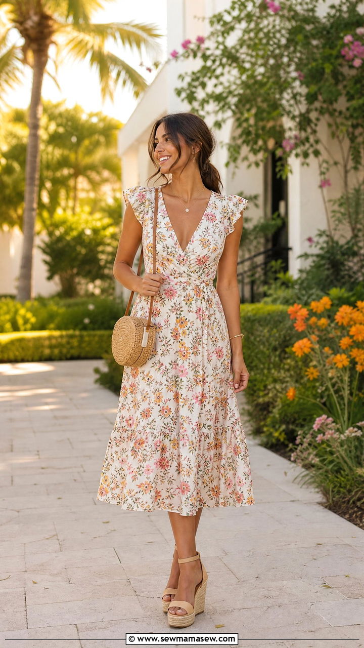 Floral Midi Dress and Espadrille Wedges Miami Brunch Outfit - 35 Miami brunch outfit ideas