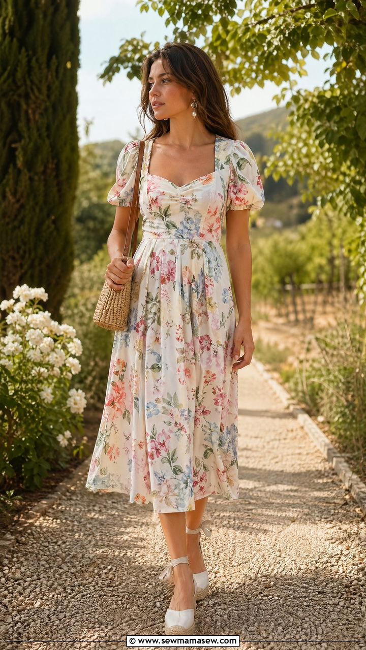 Floral Midi Dress and Espadrilles Outfit - 35 European summer outfits for women