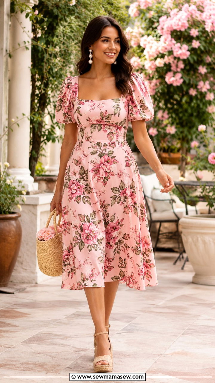 Floral Midi Dress and Espadrilles Vegas Brunch Outfit - 30 Vegas brunch outfit ideas