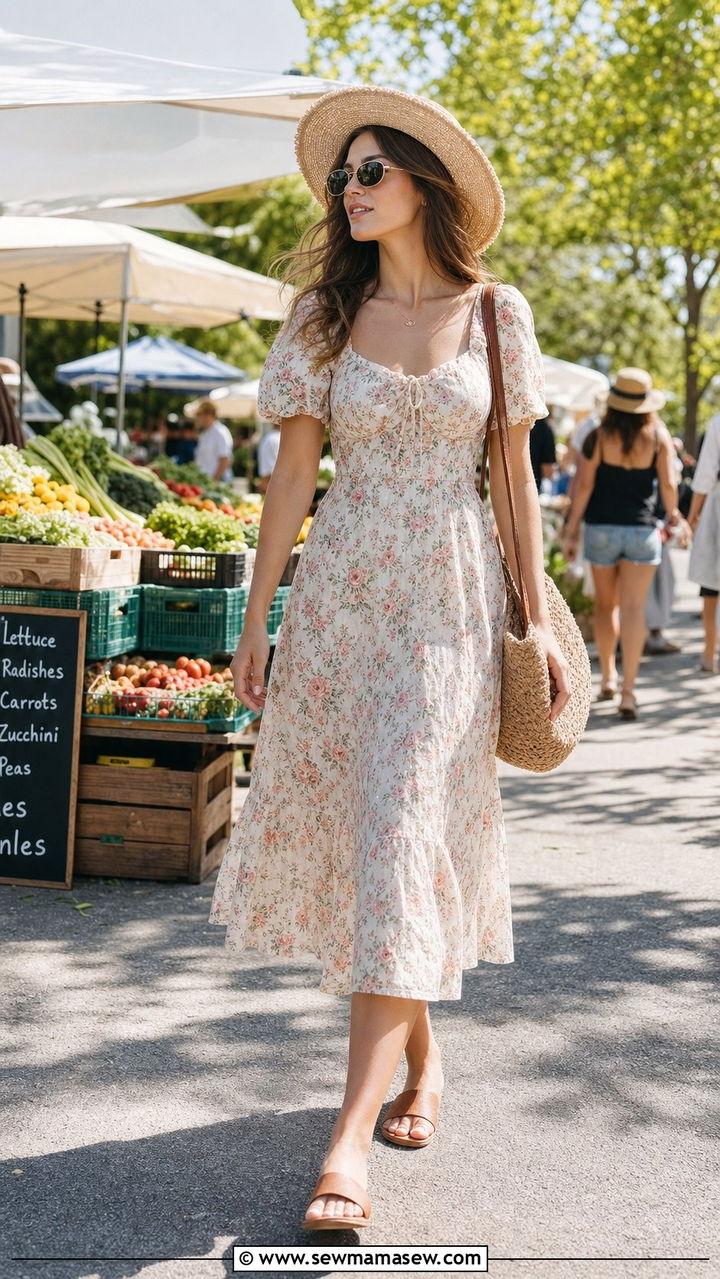 Floral Midi Dress and Flat Sandals Outfit - 25 summer model off duty outfits