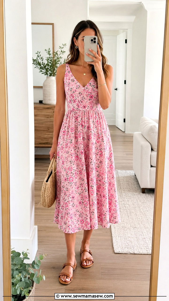 Floral Midi Dress and Flat Sandals Spring Outfit - 30 spring outfits 2026 women casual