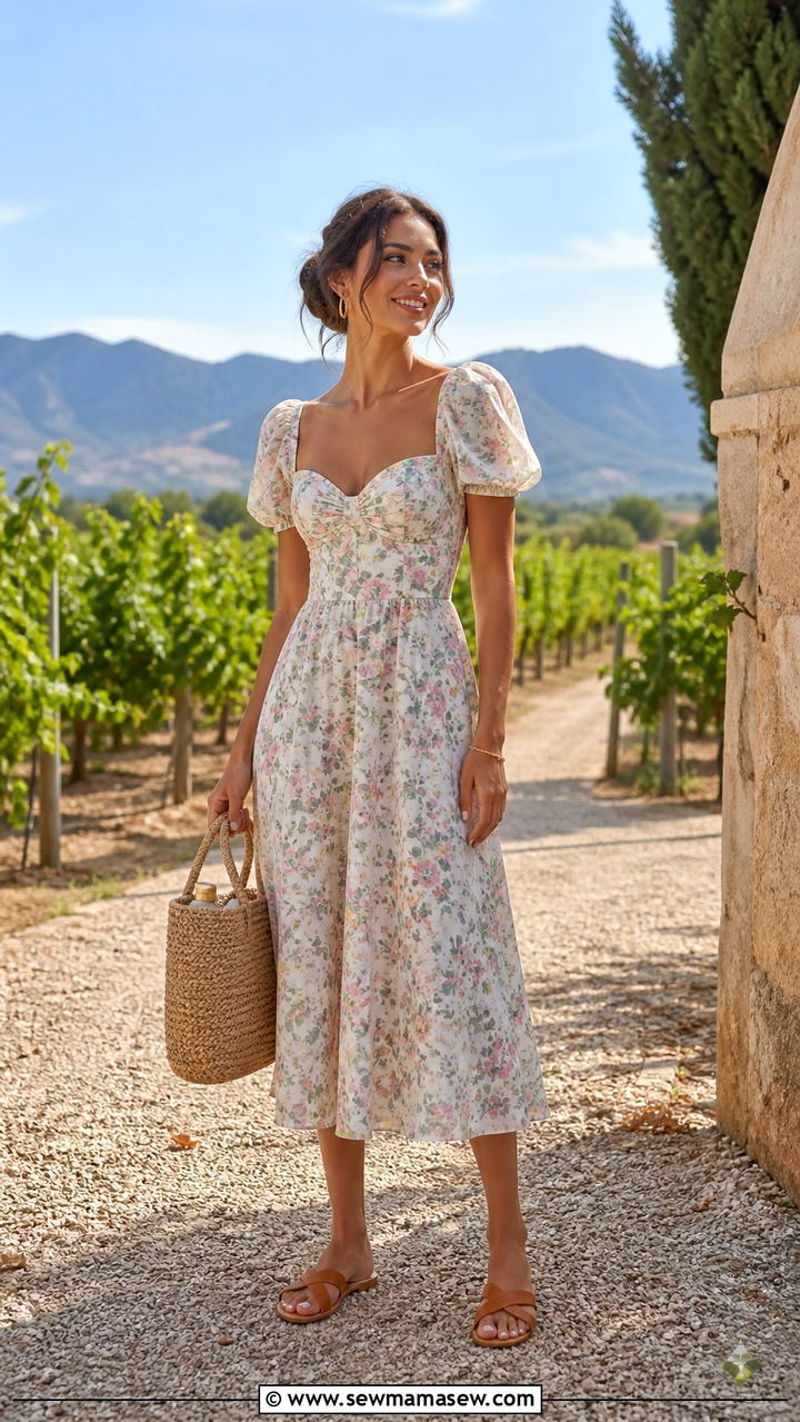 Floral Midi Dress and Flat Sandals - 40 All wine outfit ideas