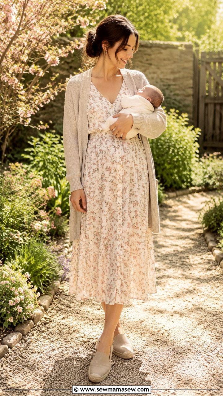 Floral Midi Dress and Light Cardigan Outfit - 30 spring outfits for postpartum women