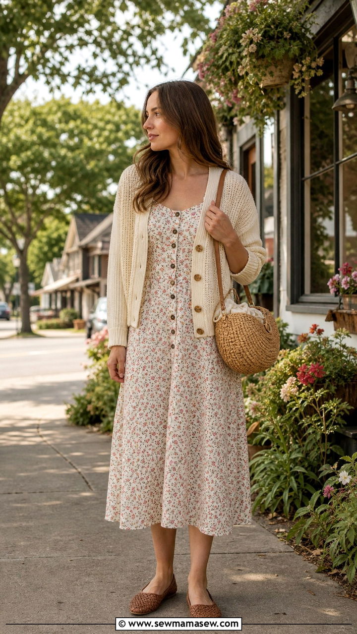 Floral Midi Dress and Light Cardigan - 40 summer cottagecore outfits