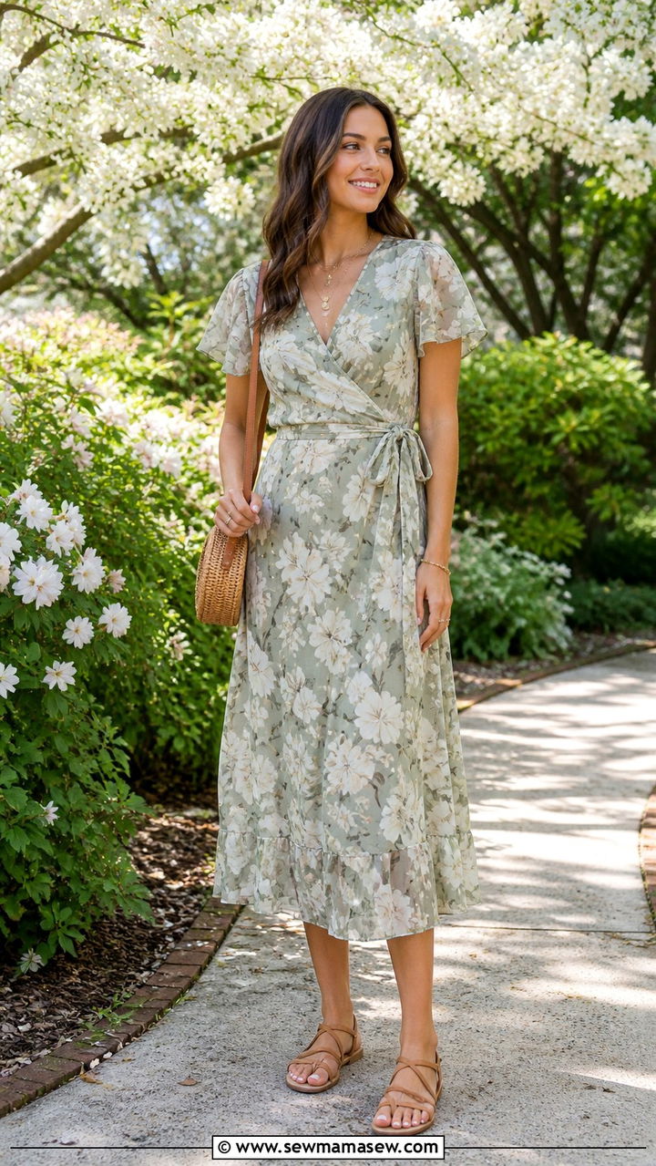 Floral Midi Dress and Strappy Sandals Spring 2026 - 40 spring outfits 2026