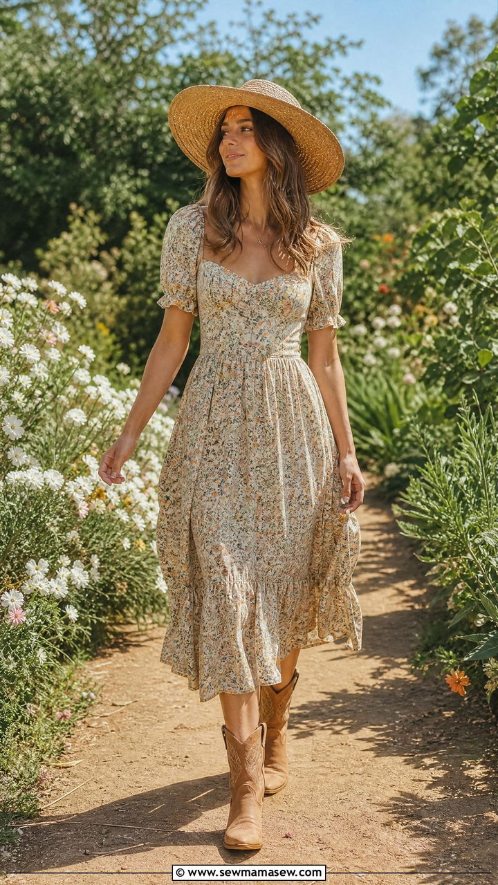 Floral Midi Dress and Straw Hat Outfit - 30 Country summer outfits