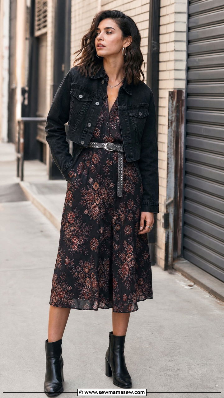 Floral Midi Dress and Studded Belt with Boots - 25 classy edgy outfit ideas