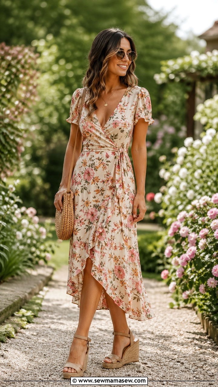 Floral Midi Dress and Wedge Sandals - 40 weekend outfit ideas for women