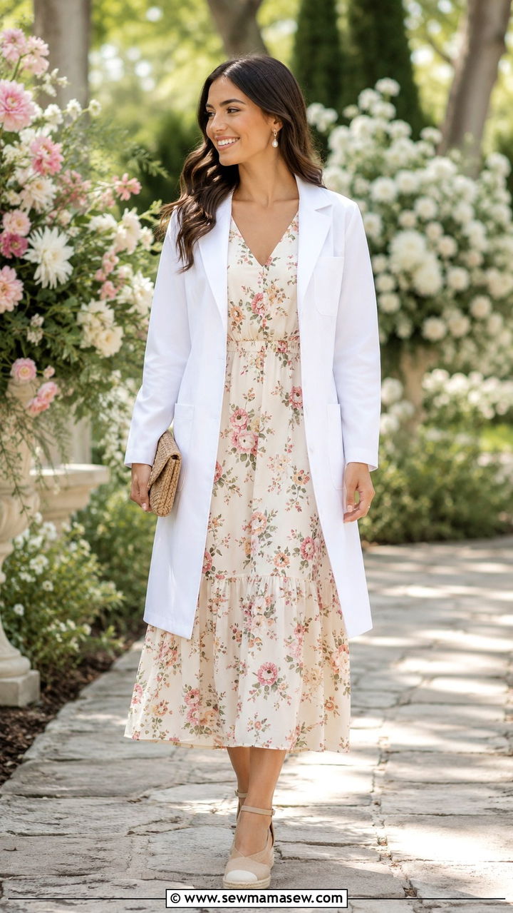 Floral Midi Dress and White Lab Coat for Outdoor Ceremony - 25 Nursing school graduation outfit ideas