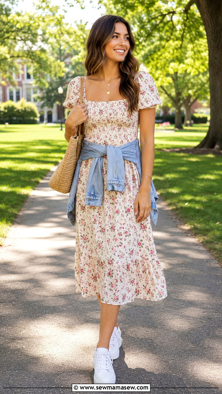 Floral Midi Dress and White Sneakers - 30 Outfit ideas for college girls
