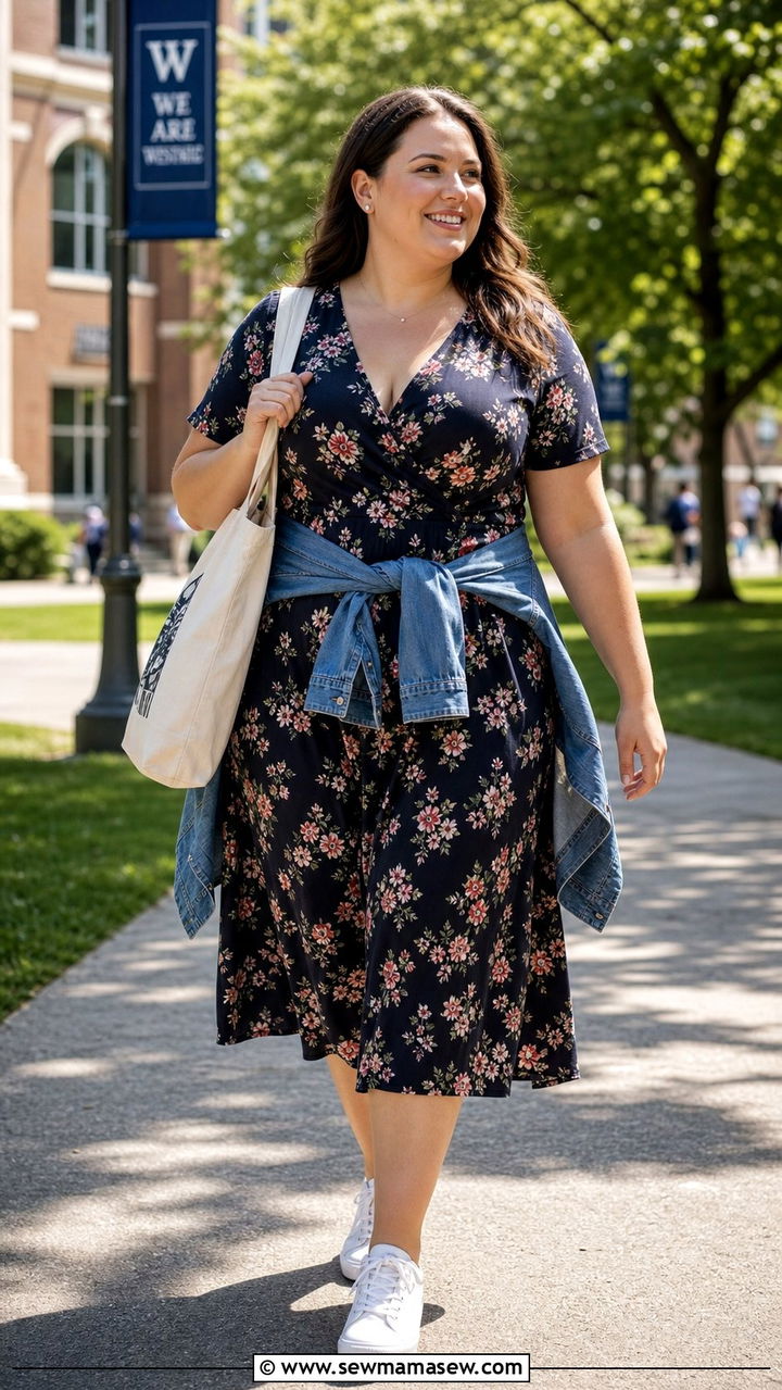 Floral Midi Dress and White Sneakers College Outfit - 25 College outfit ideas plus size