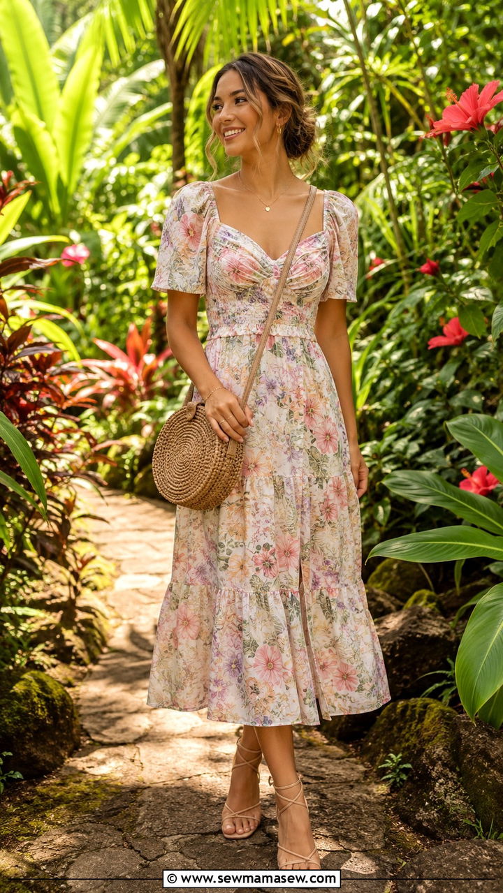 Floral Midi Dress for Garden Tours Hawaii - 30 Resort wear outfit ideas Hawaii