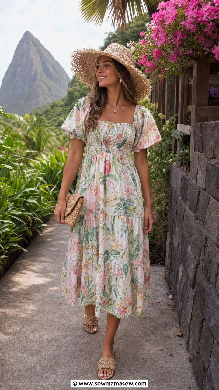 Floral Midi Dress for St Lucia Vacation - 25 St Lucia outfit ideas