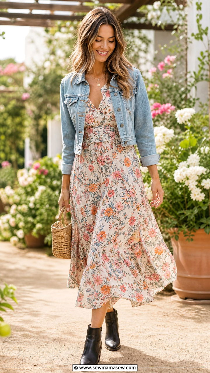 Floral Midi Dress with Ankle Boots - 30 Summer outfits with ankle boots