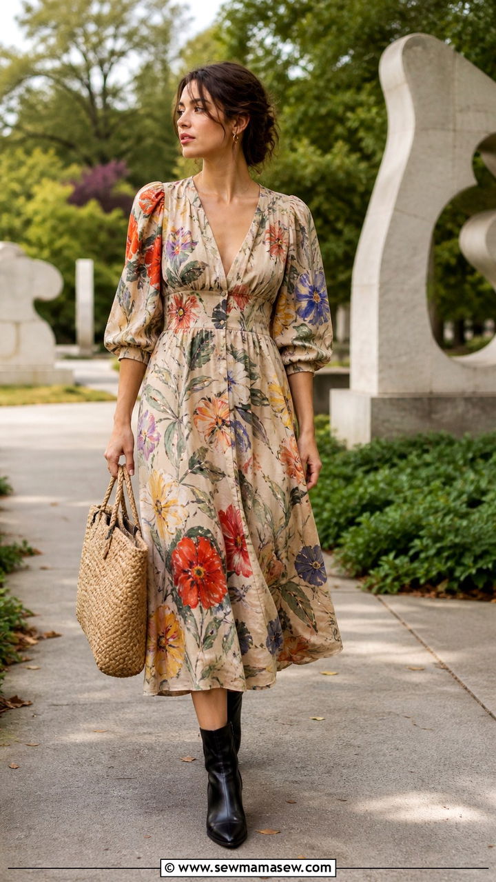 Floral Midi Dress with Ankle Boots Outfit - 20 Art show outfit ideas