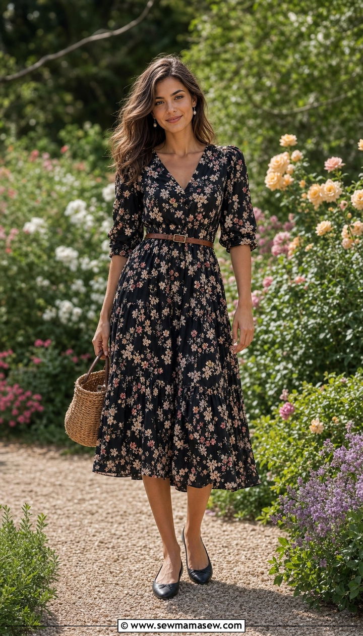 Floral Midi Dress with Ballet Flats Spring - 25 Spring outfits with ballet flats