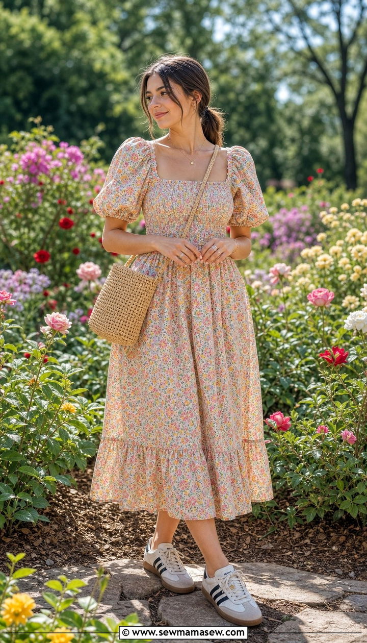 Floral Midi Dress with Beige Adidas Sambas - 25 summer outfits with adidas sambas