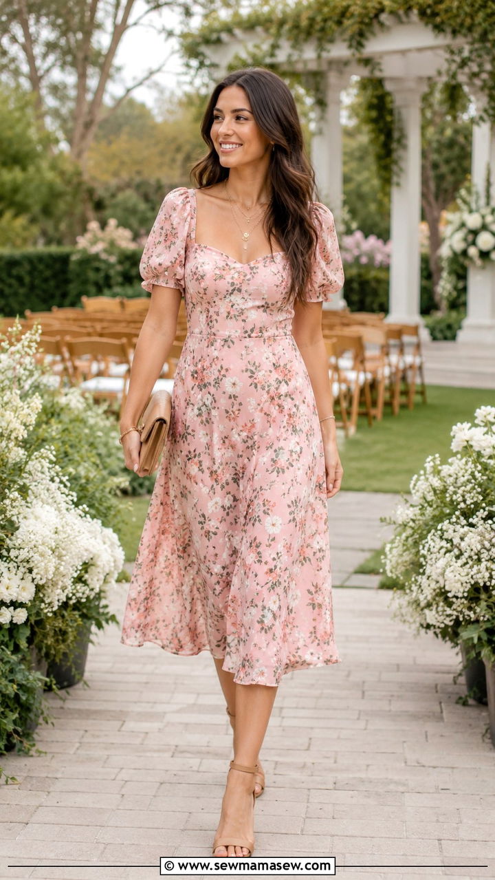 Floral Midi Dress with Block Heel Sandals - 30 graduation outfits ideas