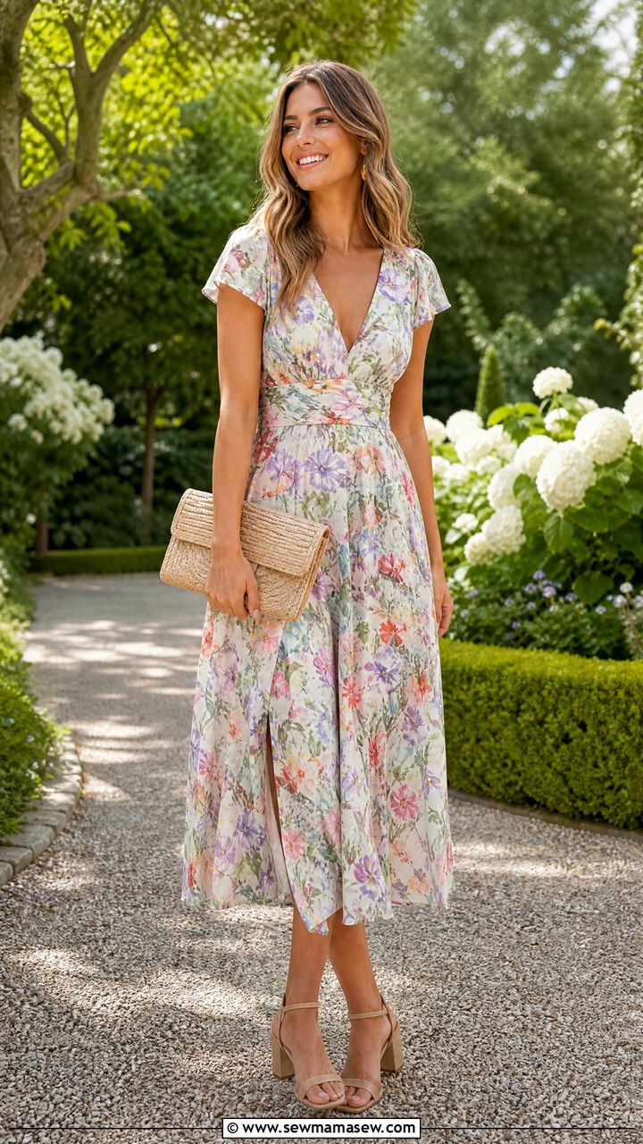 Floral Midi Dress with Block Heels - 35 Garden wedding guest outfits