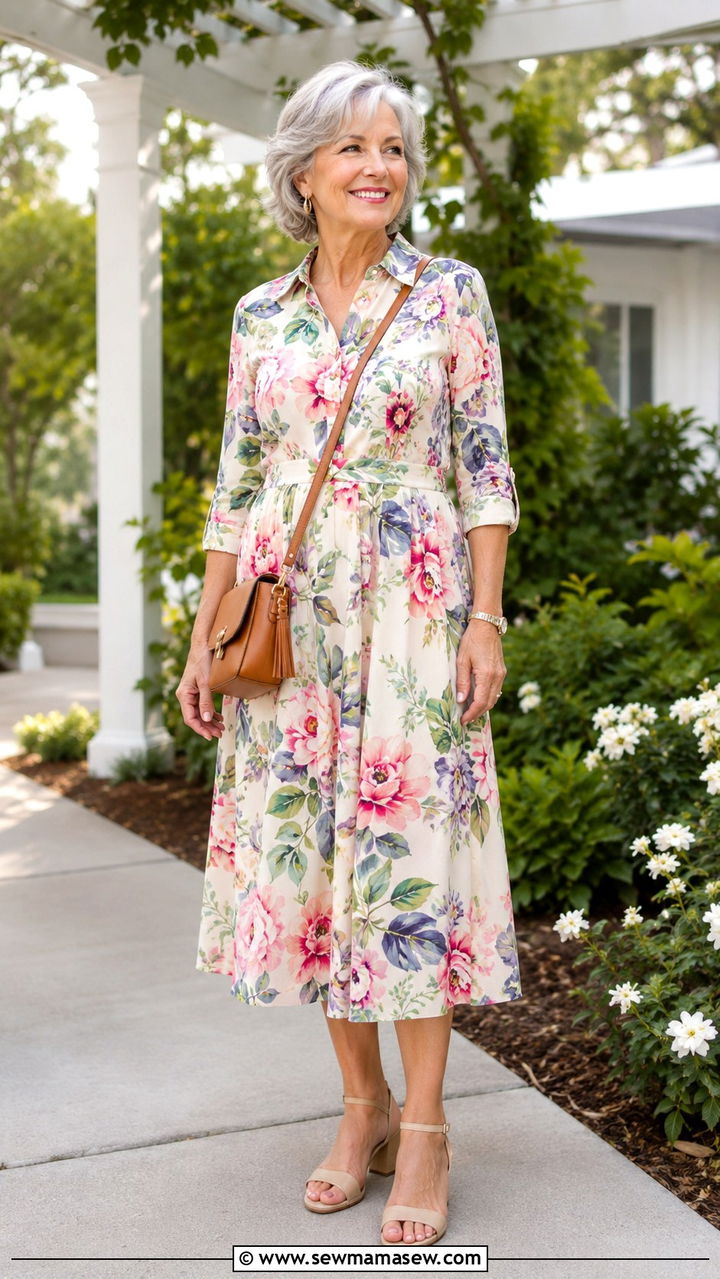 Floral Midi Dress with Block Heels - 30 Graduation outfits for women over 60