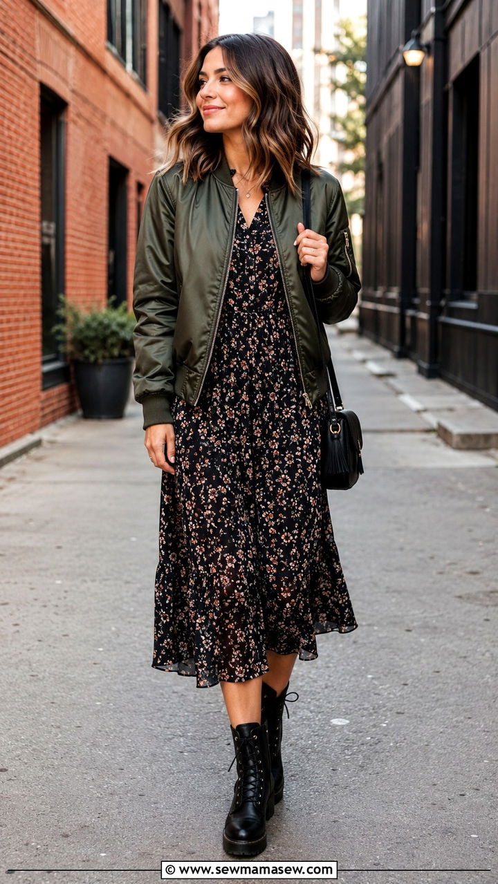 Floral Midi Dress with Bomber Jacket and Combat Boots - 30 Transitional dress outfit ideas