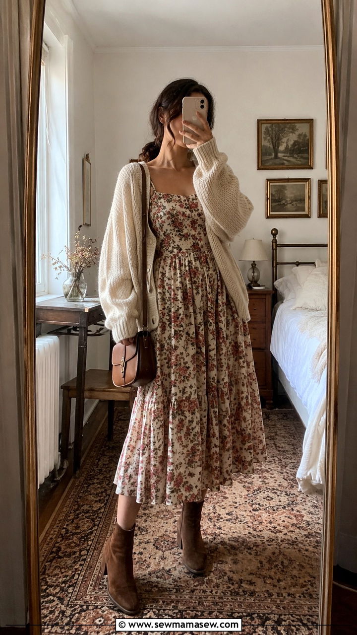 Floral Midi Dress with Chunky Cardigan - 30 Romantic academia outfit ideas
