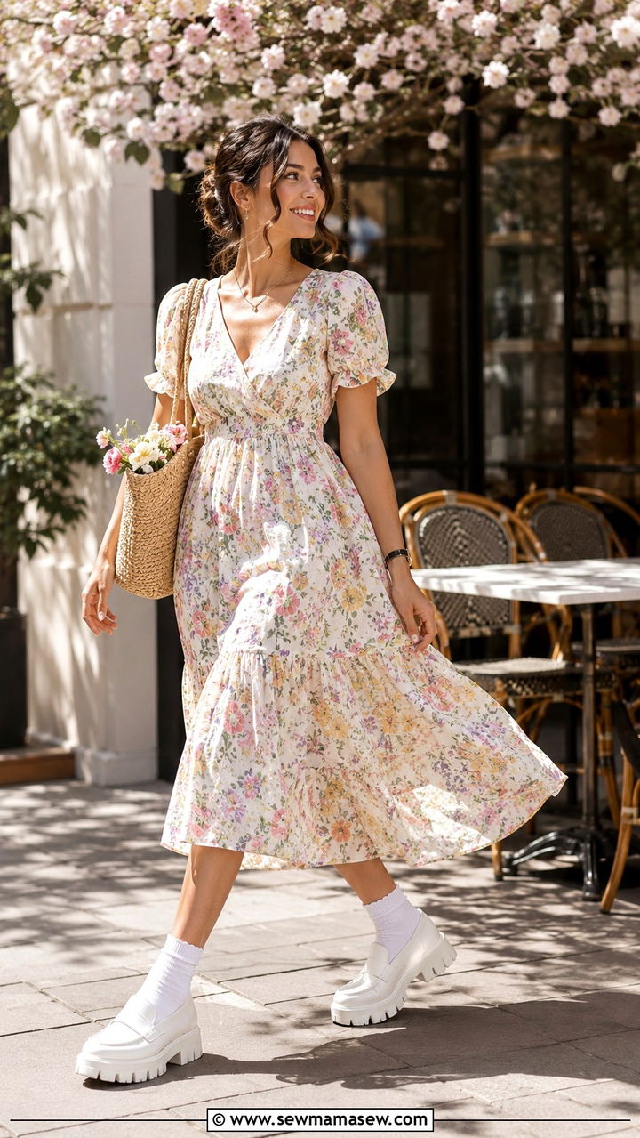 Floral Midi Dress with Chunky Loafers - 25 Midi dress with loafers outfit ideas