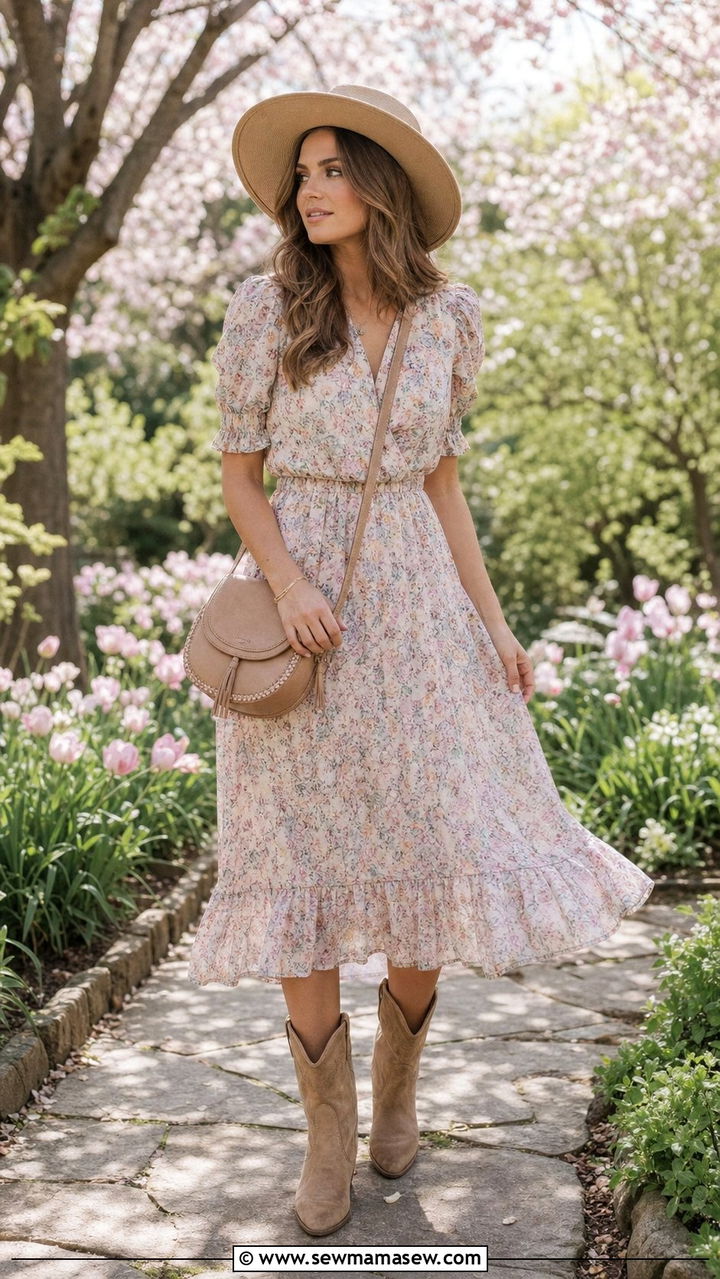 Floral Midi Dress with Cowboy Boots - 25 Spring outfits with cowboy boots