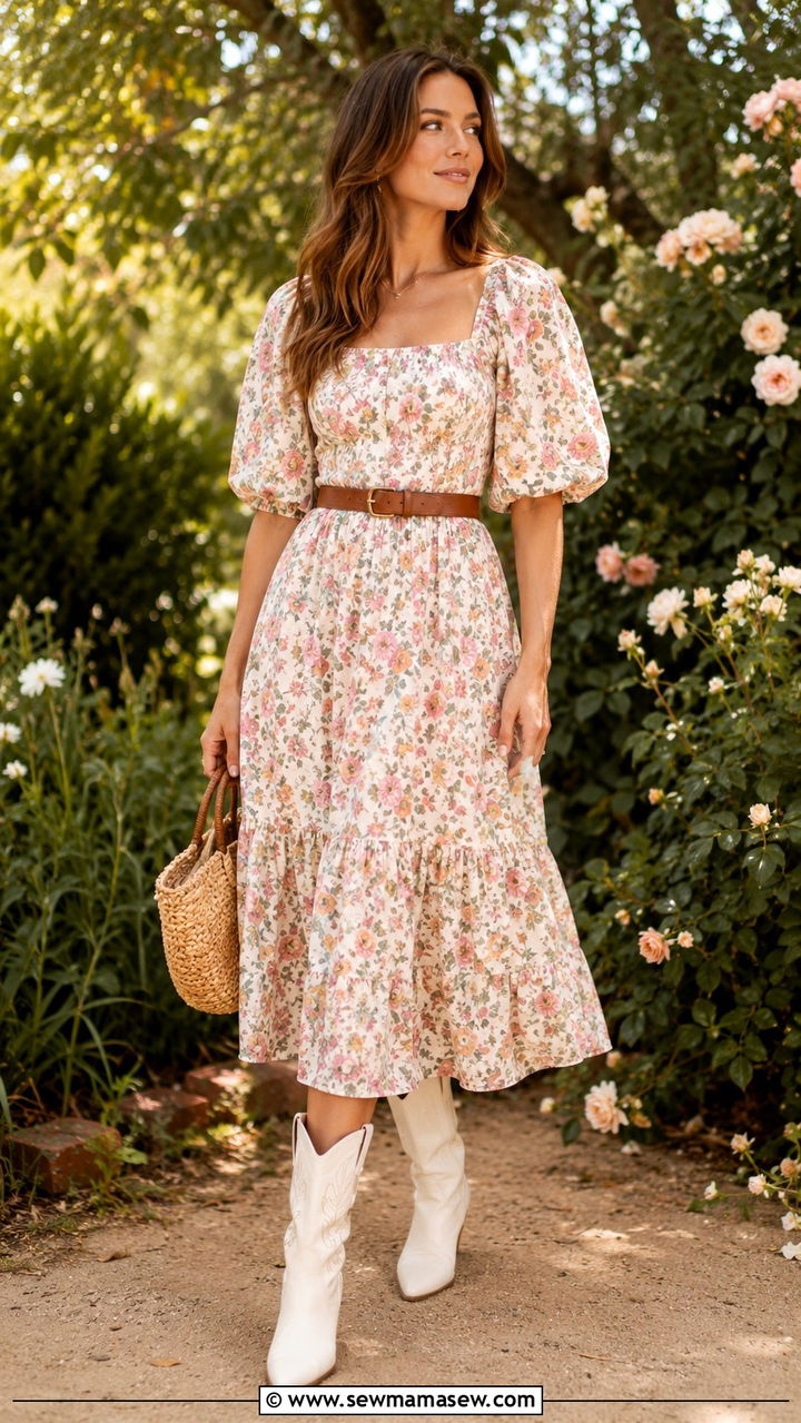 Floral Midi Dress with Cowboy Boots - 25 Western outfits 2026