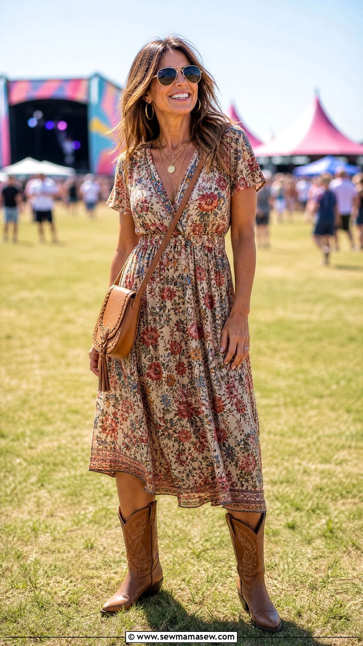 Floral Midi Dress with Cowboy Boots Festival Outfit - 30 music festival outfits for women over 40