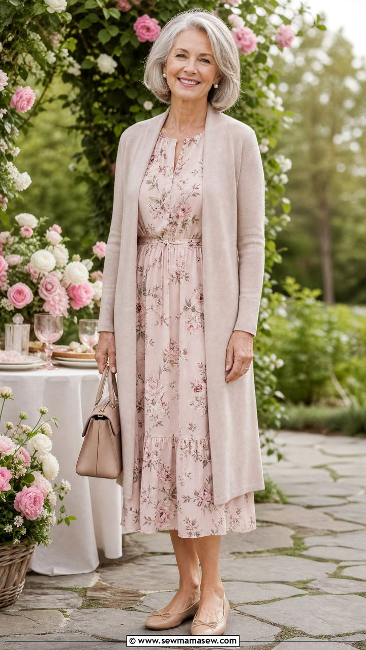 Floral Midi Dress with Cozy Cardigan - 30 Elegant outfits for older women