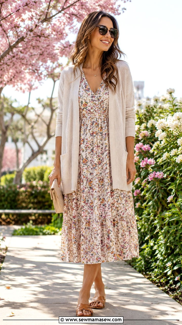 Floral Midi Dress with Cozy Cardigan - 30 brunch outfits Pinterest
