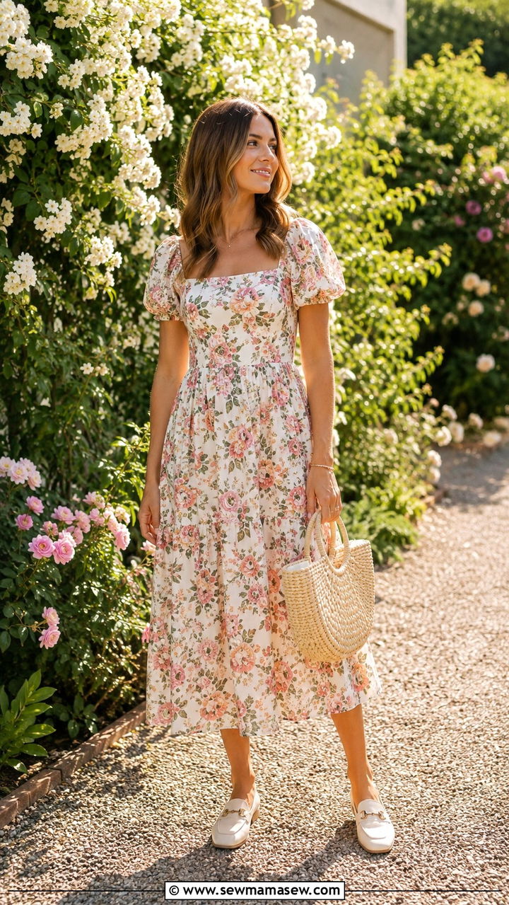 Floral Midi Dress with Cream Loafers and a Woven Bag - 30 loafers outfit ideas for women