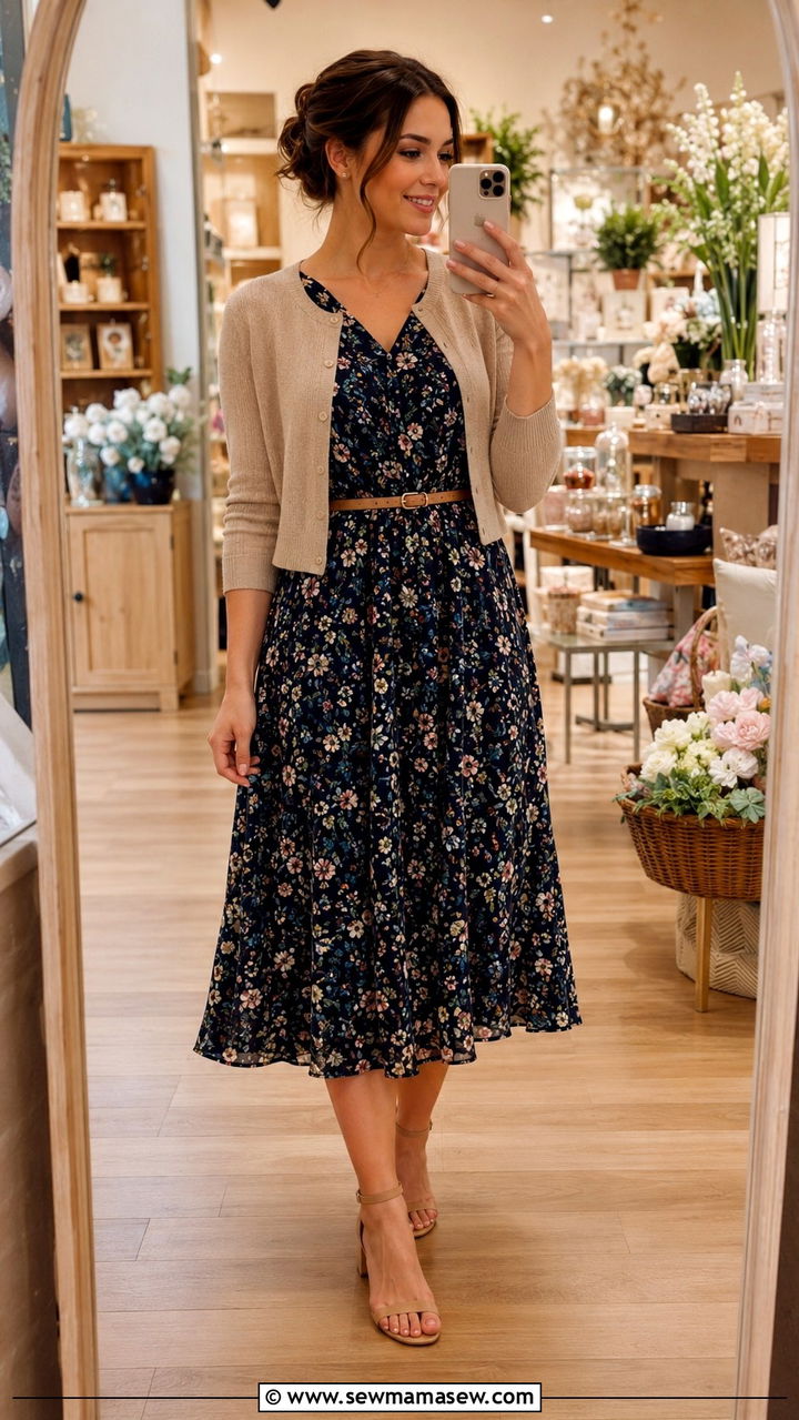 Floral Midi Dress with Cropped Cardigan Outfit - 30 Retail work outfit ideas