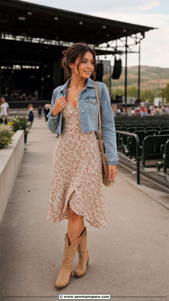Floral Midi Dress with Cropped Denim Jacket and Tan Boots - 30 Country concert outfit ideas petite