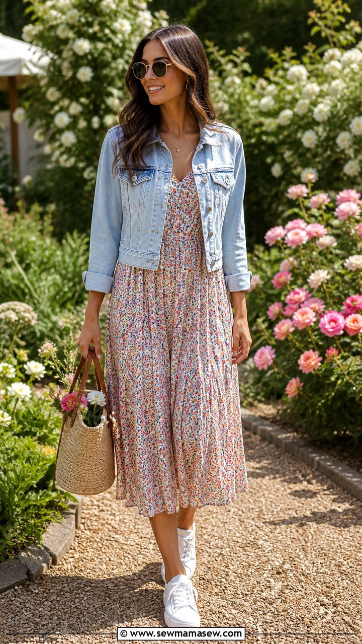 Floral Midi Dress with Cropped Denim Jacket - 40 First day of spring outfits