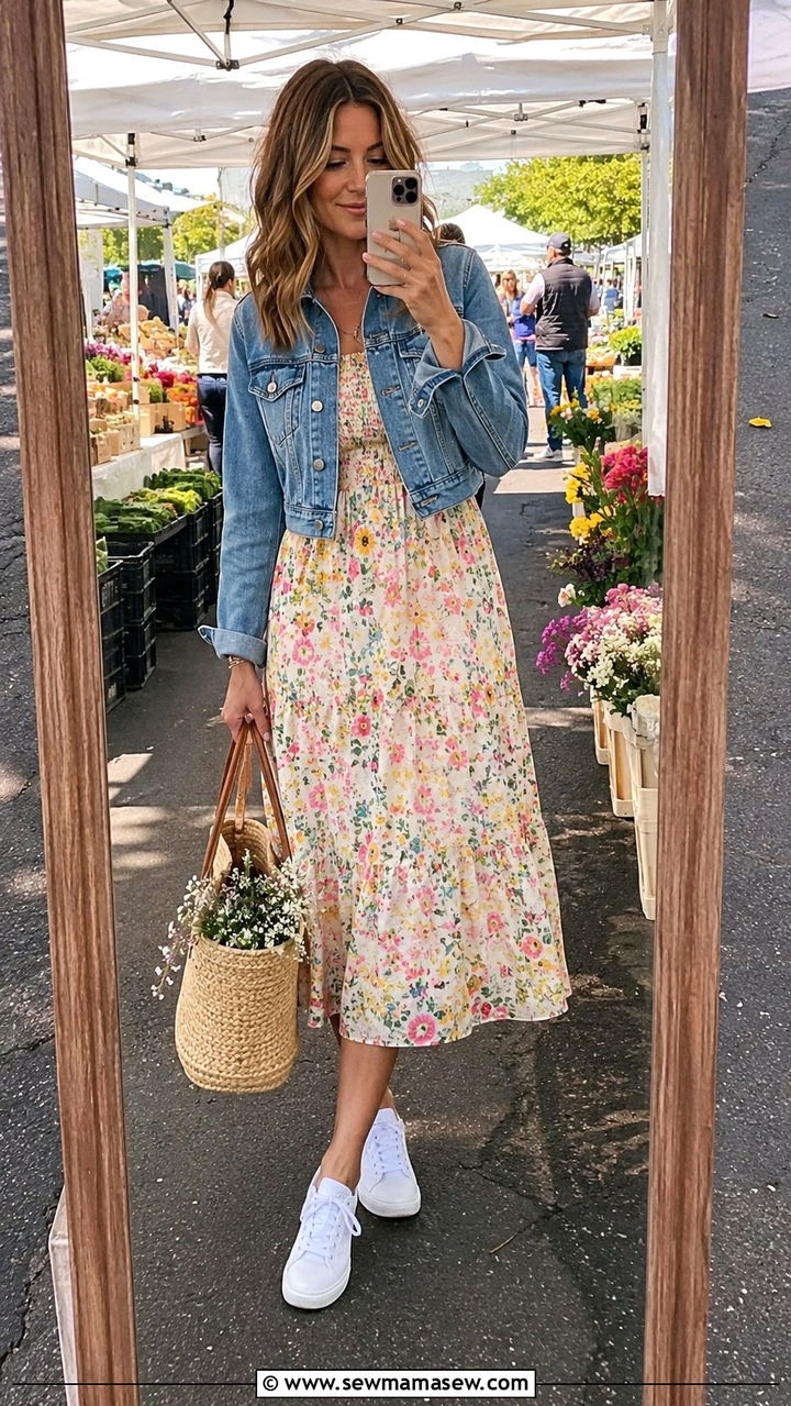 Floral Midi Dress with Denim Jacket - 30 Late March outfit ideas