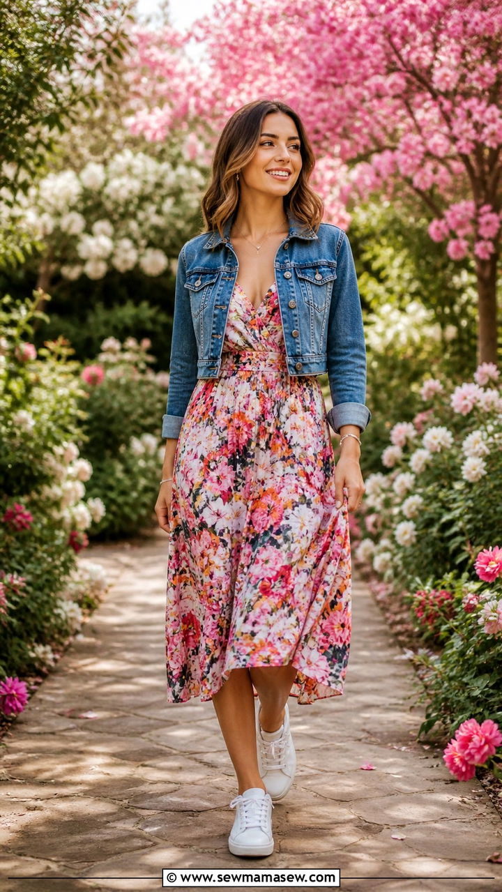 Floral Midi Dress with Denim Jacket - 40 cute spring outfit ideas
