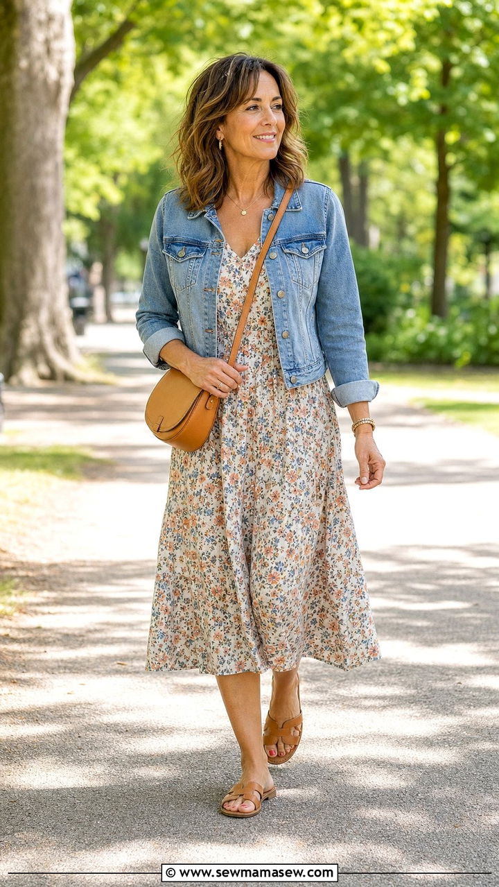 Floral Midi Dress with Denim Jacket - 35 Brunch outfits for women over 40