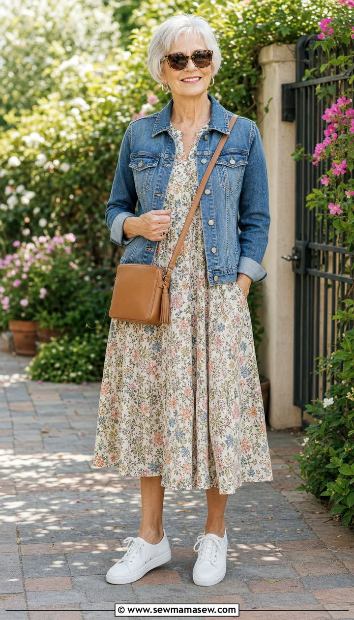 Floral Midi Dress with Denim Jacket - 25 Cute outfits for women over 70