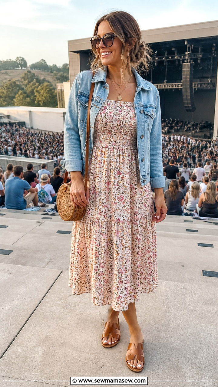 Floral Midi Dress with Denim Jacket Outfit - 20 Amphitheater concert outfit ideas