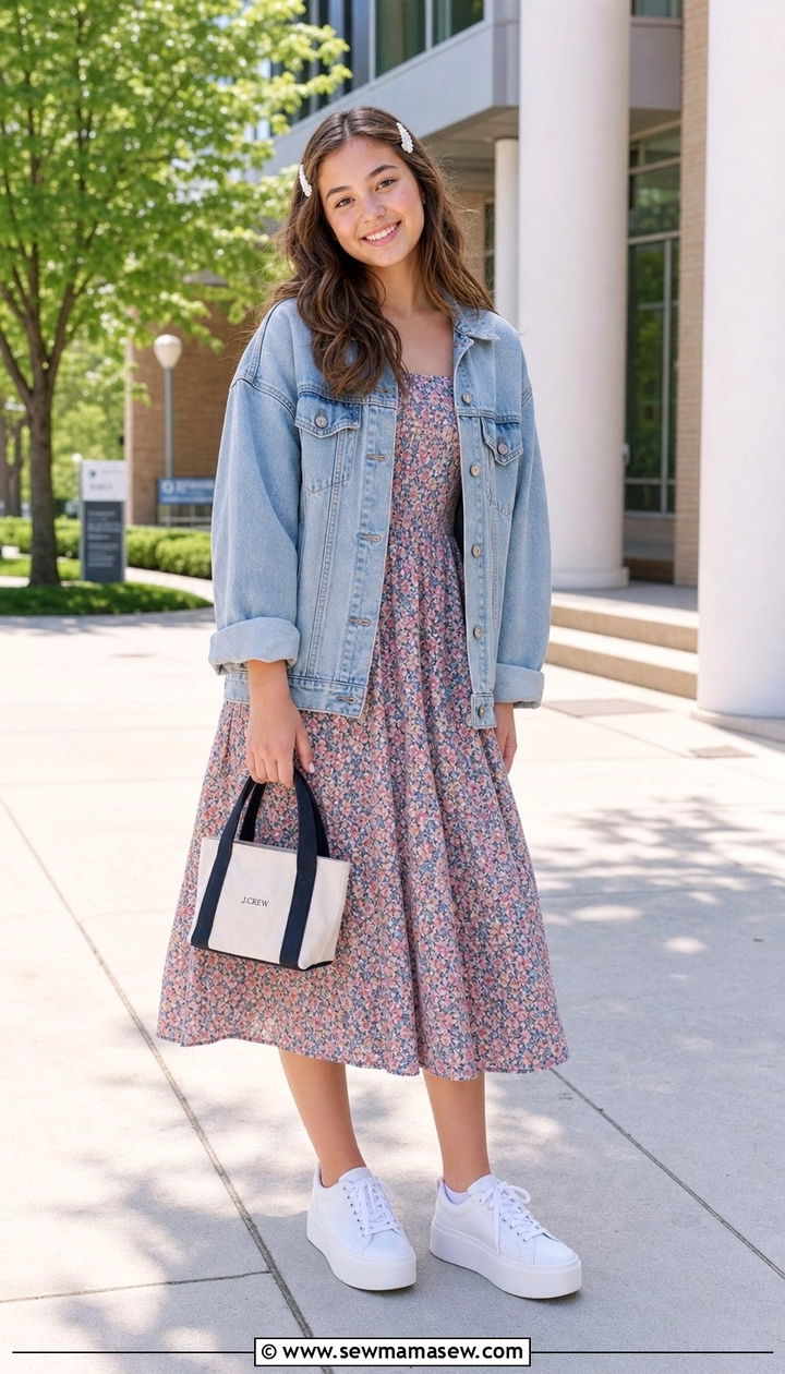 Floral Midi Dress with Denim Jacket Outfit - 25 Cute spring outfits for teens